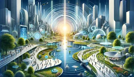 A luminous future city where glass towers are wrapped in green, technology and nature in harmony.